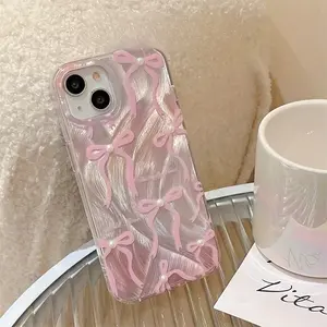 Romantic Feather Gauze Pearl Pink Bow Mobile Phone Case, Suitable for iPhone16/15 Pro Max Girl Mobile Phone Protective Case
