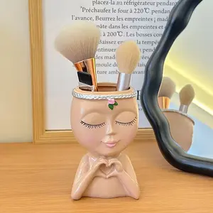 Cute Girl Face Plant Pot, Resin Succulent Planter with Heart Hand Design, Makeup Brush Holder & Desktop Storage Box for Home Decor