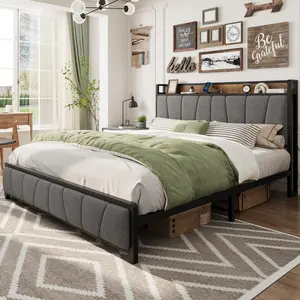 【GARVEE】King Size Bed Frame with 2 Storage Drawers and Charging Station, Rustic Linen Upholstered Platform Bedframe with Storage Headboard, No Box Spring Needed, Easy Assembly, Noise Free, Grey