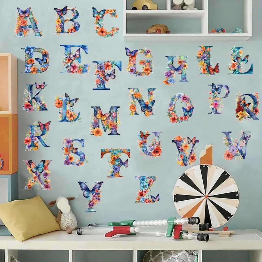 Butterfly Pattern English Alphabet Wall Sticker, 26pcs/set Self-adhesive PVC Sticker, Wall Decoration for Home Living Room Bedroom, Ornaments