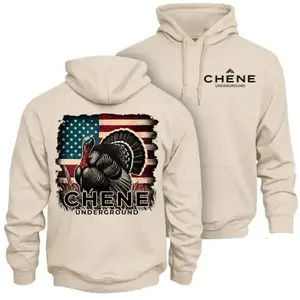 Chene Underground Turkey Hunting Hoodie – Patriotic Wild Turkey Gobbler with American Flag Graphic Back Print, Outdoor Turkey Hunter Apparel for Spring Gobbler Hunting Lifestyle