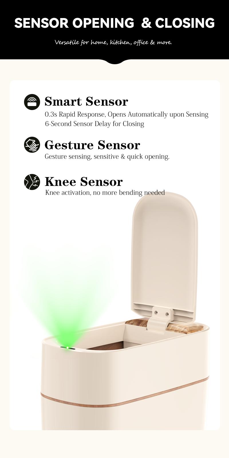 Pukomc Smart Sensor Trash Can with Wood Grain Lid, Automatic Motion Sensor Garbage Bin for Kitchen, Bathroom, Office