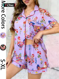 2-piece set of women's purple bottom floral rooster print pattern short sleeved shorts with soft and comfortable collar design, small pocket elastic waistband suitable for all seasons, casual women's sleepwear set