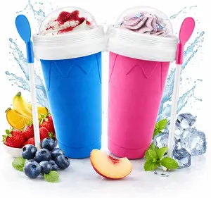Food Grade Silicone Slushy Maker Cup - Lightweight and Reusable Double Layer Cooling Cup with 2 in 1 Straw and Spoon Cover - Thick Kitchen Bottles Drinkware Fruit Water Bottles