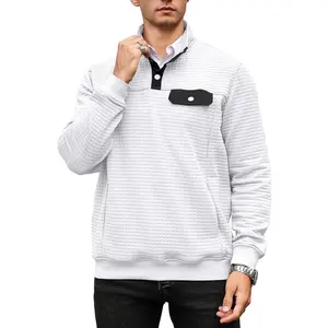 Wizoat Men's Quilted Sweatshirt Casual Waffle Stand Collar Button Pullover Sweatshirts White