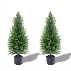 3FT Artificial Cedar Topiary Trees 2 Pack, UV Protected Evergreen Faux Outdoor Potted Plants, Fake Cypress Shrubs for Front Porch Garden Patio Home Office Decor