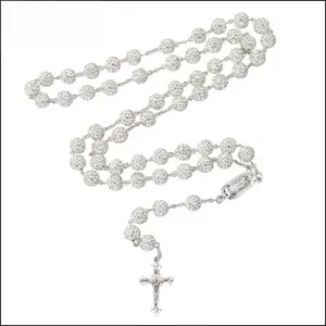 Aesthetic Silver Rosary Cross Necklace,Sparkling Rhinestone,Christian Jewelry Trend,Gift Idea 2026