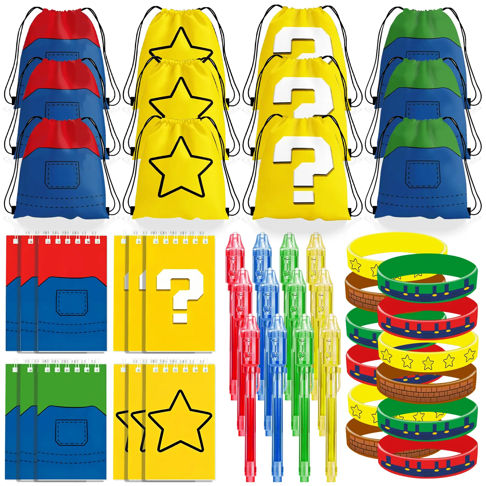 Cartoon Brothers Theme Unisex Party Favor Set - Lightweight Birthday Goodie Bags with Drawstring Bag, Notebook, Silicone Bracelet, Invisible Ink Pen Fillers for Gifts