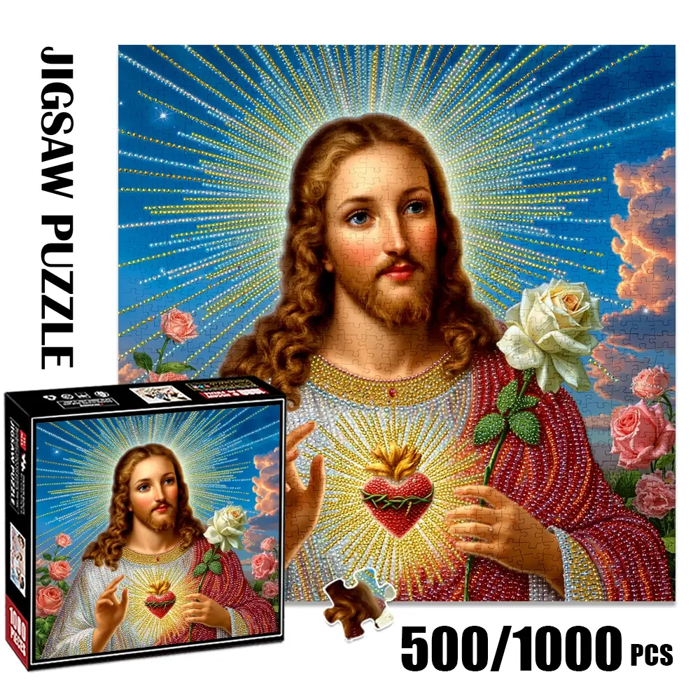 1pc 1000 piece adult puzzle 58x58cm Jesus with Sacred Heart, Rose and Radiant Halo 500 pieces paper jigsaw puzzle suitable for DIY creative games for adults and families, birthday and holiday stres
