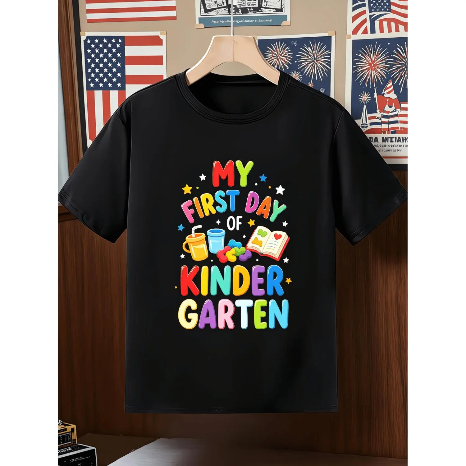 Kids My First Day Of Kindergarten T Shirt with Colorful Text And School Supplies Print