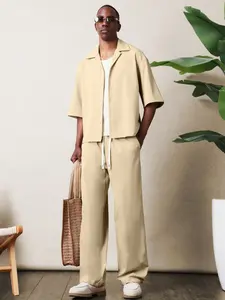 Men's Vacation Solid Color Casual Woven Shirt and Long Loose Pants Set, Comfortable Daily Wear, Perfect for Travel and Relaxation