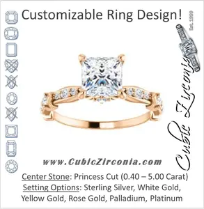 Cubic Zirconia Engagement Ring- The Willow (Customizable Princess Cut Artisan Design with 3 Kinds of Round Cut Accents)