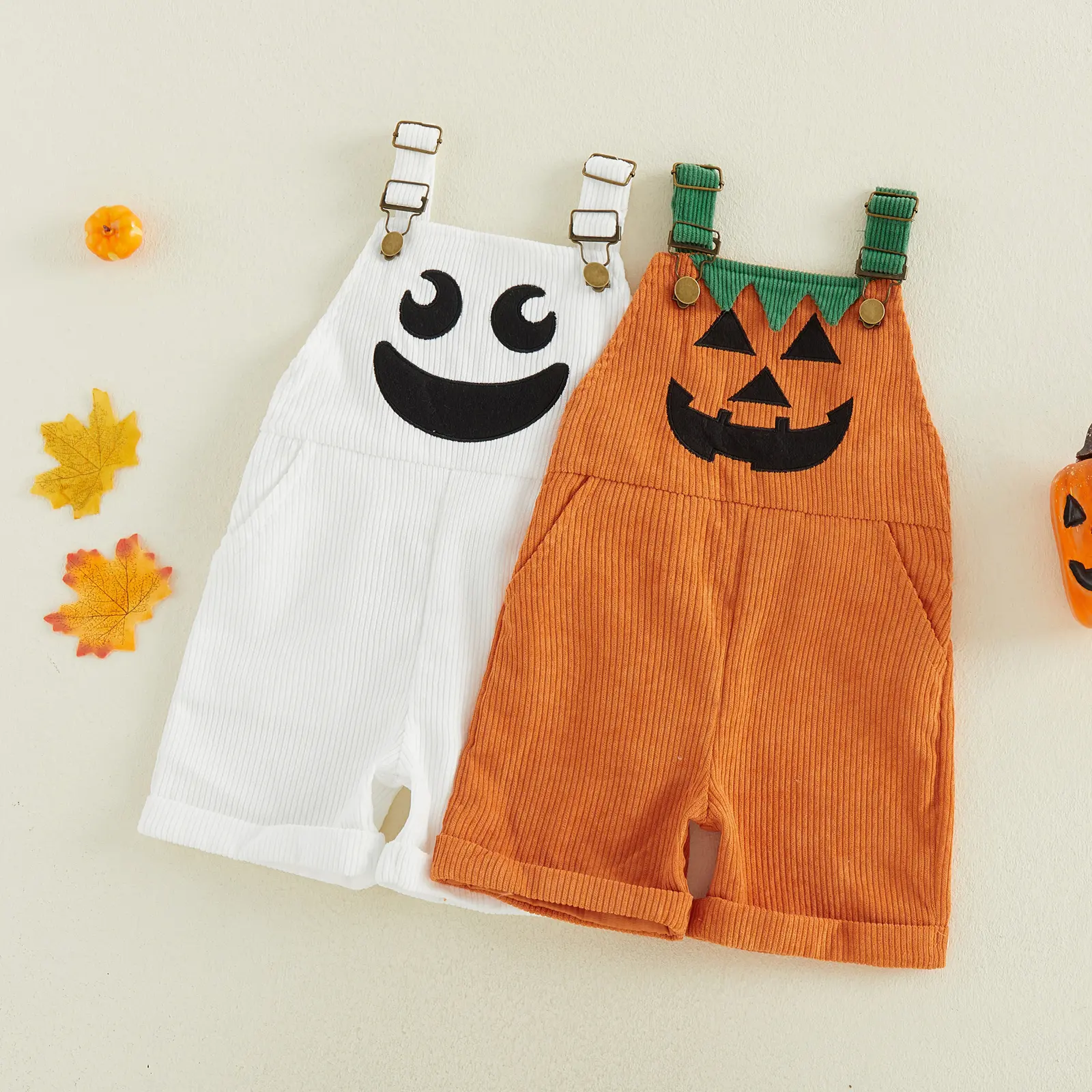 Toddler Baby Boy Halloween Overalls with Pockets Ribbed Devil Face Pattern Sleeveless Jumpsuit