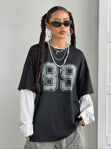 Women's Number Print Patchwork Long Sleeves Tee, Casual Colorblock Round Neck T-shirt for Spring & Fall, Women's Top for Daily Wear