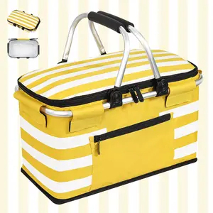 Insulated Picnic Basket,Leak-Proof Collapsible Cooler Bag,26L Grocery Basket with Lid,2 Sturdy Handles,Storage Basket for Picnic,Food Delivery,Take Outs,Market Shopping,Travel (Yellow)
