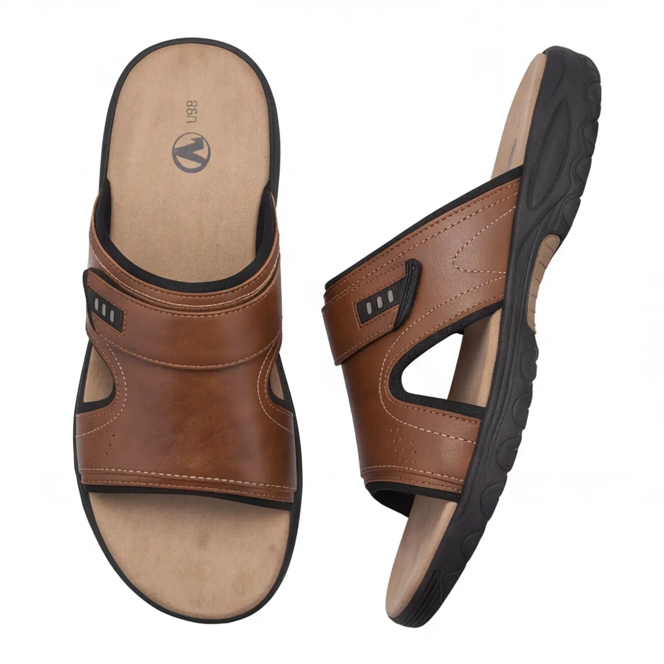 Men's Leather Slide Sandals with Adjustable Velcro Strap, Open Toe Comfort Casual for Summer Beach