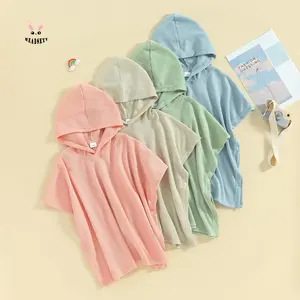 Kid’s Beach Towel with Hood Solid Color Waffle Loose Fit Swim Cover Up Boys Girls Hooded Beach Towel