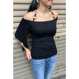 Y2K Off-The-Shoulder Flowy Sleeve Top with O-Ring Beaded Neck Tie