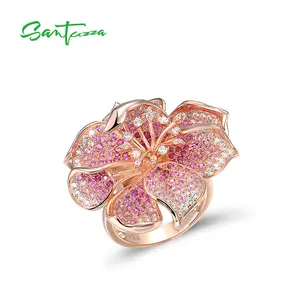 SANTUZZA 925 Silver Created Pink Sapphire White Cubic Zirconia Ring Blossom Hibiscus Charming Fashionable Jewelry