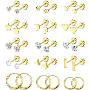 Jstyle 15 Pairs Small Tiny Stud Earrings for Women Men Stainless Steel Stud Earrings Sets CZ Heart Moon Star Flatback Earrings Cartilage Hoop Earrings Daily