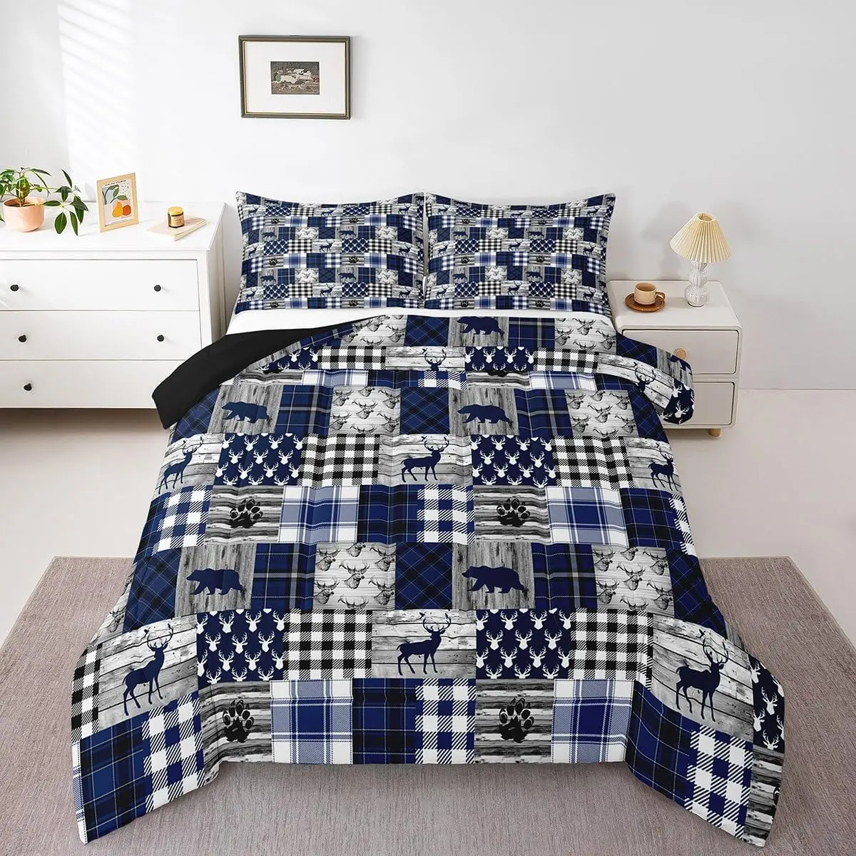 Cabin Bear Comforter Set for Boys Girls Rustic Bear and Deer Comforter Farmhouse Love Cabin Country Bedding Set BedPlaid Grid Blue Duvet Set