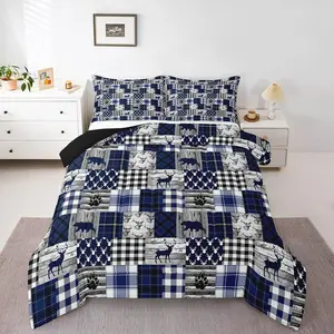 Cabin Bear Comforter Set for Boys Girls Rustic Bear and Deer Comforter Farmhouse Love Cabin Country Bedding Set BedPlaid Grid Blue Duvet Set