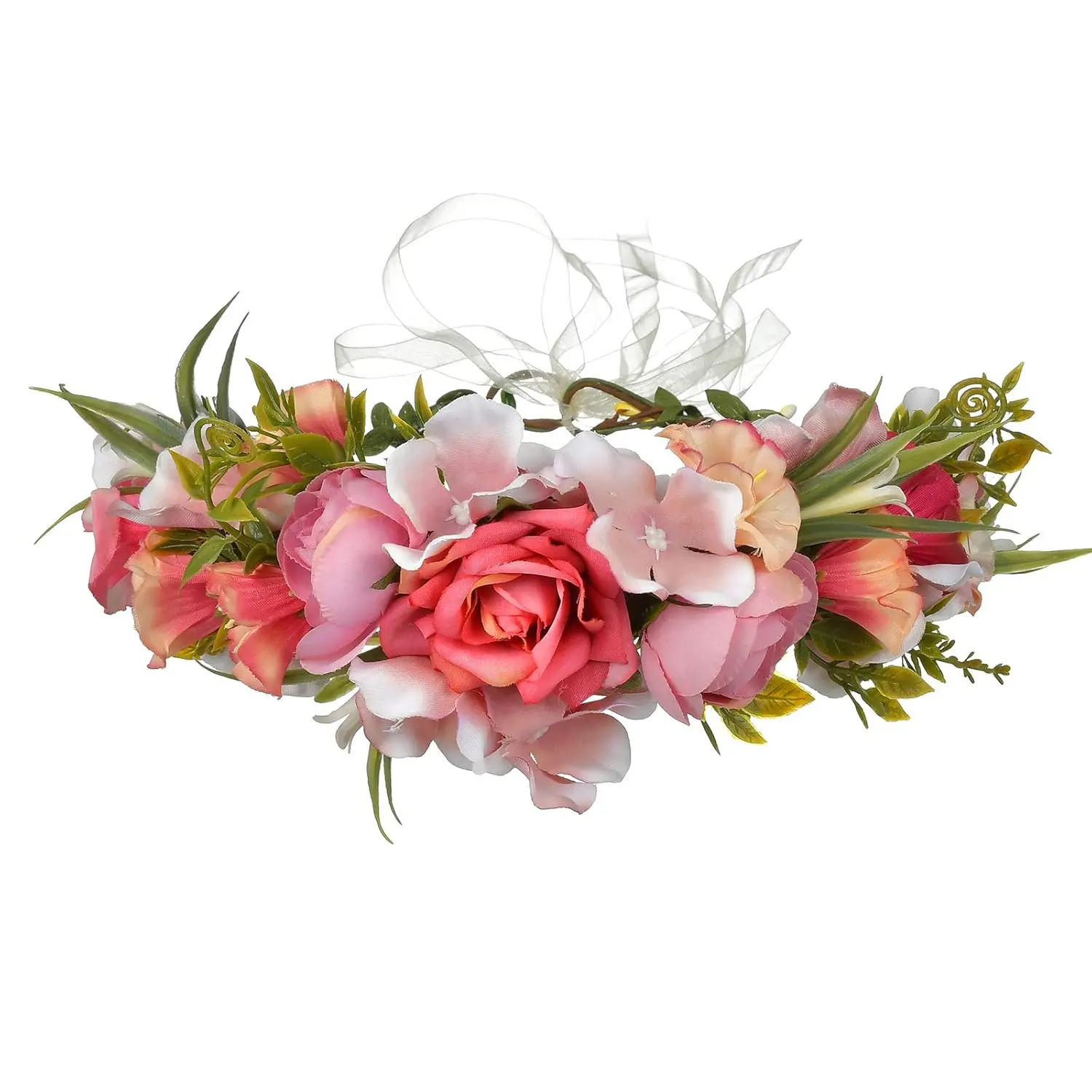 Women Floral Crown Boho Flower Headband Hair Wreath Floral Halo Headpiece with Ribbon Wedding Party Photos