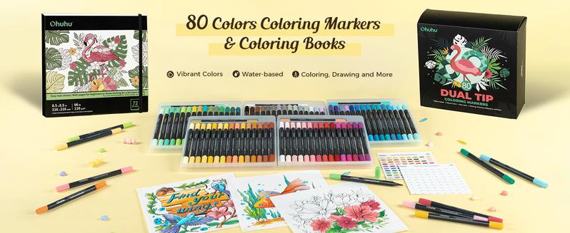Ohuhu Water Based Art Marker Set Bundles: Fine & Brush Dual Tips - 80-colors with 72-sheet Coloring Book - Art Marker Set Bundles with 100% Bleed-proof Pages - Art Marker Set Bundles of Ohuhuart