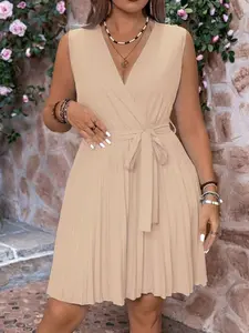 Plus Size Women's Sleeveless V-Neck Pleated Waist Dress for Casual Occasions and Office Wear