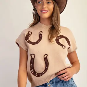 Lucky Charm Mock Neck Sweater Vest with Horseshoe Embroidery for Women's Fashion