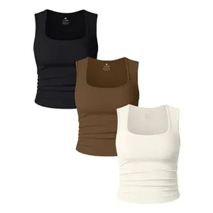 Women's solid color pleated square neck sports vest, suitable for yoga gym exercise sleeveless vest, all season women's sportswear, sleeveless sports topRAIMENTRY