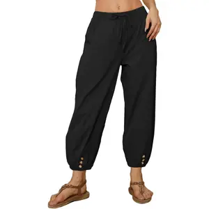 Women Capri Pants Casual Drawstring Elastic High Waist Baggy Wide Leg Cropped Pants Trousers for Ladies Summer Black Wideleg