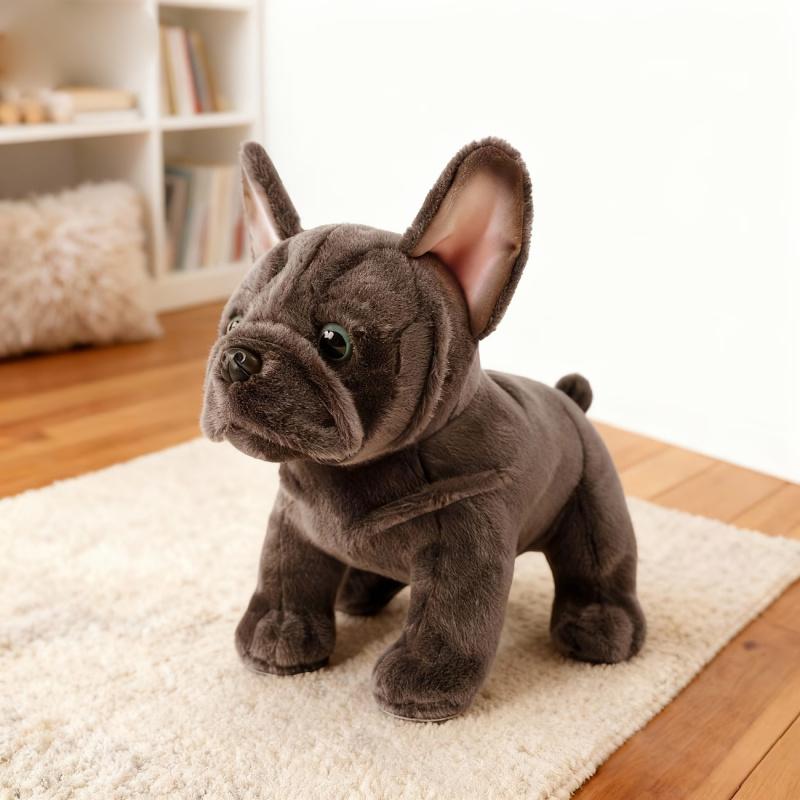 Realistic French Bulldog Plush Stuffed Animal – Soft Black & Grey Coarse Coat, Expressive Eyes, Light Beige Fluffy Ears, Cuddly & Durable Companion Toy, Perfect Birthday & Christmas Gift for Kids, Ideal for Ventriloquism Practice