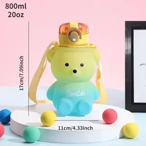 Water Bottle Teddy Bear Water Bottles with Straw Kawaii Bear Straw Bottle with Adjustable Strap, Portable Leakproof BPA-Free Drinking Cups
