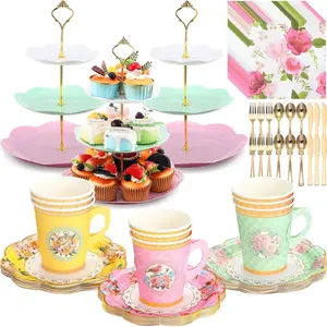 83 Pcs Disposable Tea Party Set for Women Girls Vintage Floral Tableware with 3 Tier Cake Stand, Paper Cups & Saucers, Plates, Napkins, Cutlery for Birthday Baby Shower(Vivid)