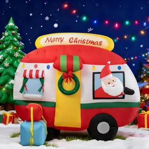 7 FT PVC Contemporary Irregular LED-Lit Santa Claus on Minibus Christmas Inflatable Decoration, Weather-Resistant, with Power Adaptor, Outdoor Lawn & Garden Festive Decor