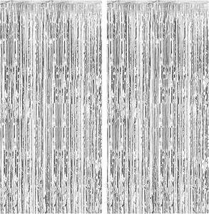 2 Pack Foil Curtain Backdrop Silver Metallic Tinsel Foil Fringe Curtains  Booth Props for Birthday Wedding Bachelorette Christmas Party Decorations