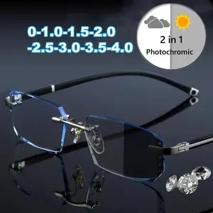 Men Women Photochromic Myopia Glasses Unisex Stylish Diamond Cut Near Sight Eyeglasses Luxury Anti-blue Light Eyewear 0-1.0-4.0