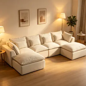 Niccae Chenille Fluffy U-Shaped Couch - 130.7-in Upholstered Sectional Couch, 4 Cloud-Cushioned Sofas with Movable Footrests, DIY Configurable Chic Sofa Sets, Sub-2 Package for Sofas Living Room Furniture
