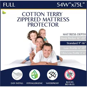 Zippered  Mattress Encasements -  Mattress Protector Cover with Soft Cotton Terry Fabric Top - Full Size 54' x 75"