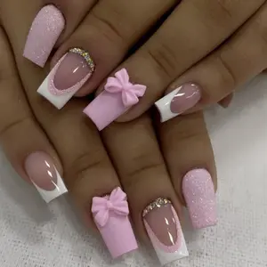 24PCS New Medium Square White French Tip Press on Nails with Bowknot Decor, Very Cute Nail Designs Suitable for Girls of All AgesComes with one sheet of jelly adhesive and one piece of sanding pad
