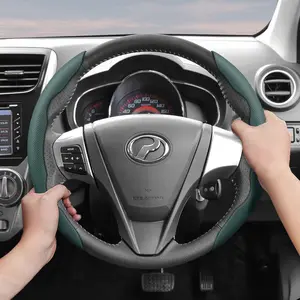 For Perodua Steering Wheel Cover Perforated Breathable Leather Segmented Design Ultra-Thin Style Protects Steering Wheel For Bezza/Axia/Myvi/Alza/Ativa/Aruz/QV-E Black Burgundy Mocha Beige Gray Green