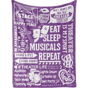 Theater Gifts Blanket Throw - Gift for Broadway Theatre Lovers Girls Boys Women - Eat Sleep Musicals Repeat - 50" x 65", Purp
