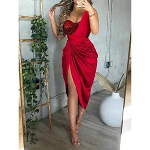 2025 New Solid Color Slit Long Skirt Ruched One Shoulder Elegant Dresses for Women Evening Formal Piece Suit