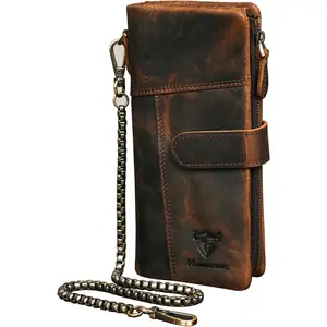 Genuine Crazy Horse Leather Travel   Pocket Card Case Long Organizer Chain Rfid Wallet Purse With Snap For Men Male 1803 1815 (1803B-Brown)