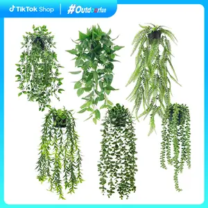 Outdoorfun 6 Packs Fake Plants Hanging Artificial Ivy Vine Faux Eucalyptus Plants in Black Pots for Bathroom Wall Shelf Bookshelf Decor Indoor