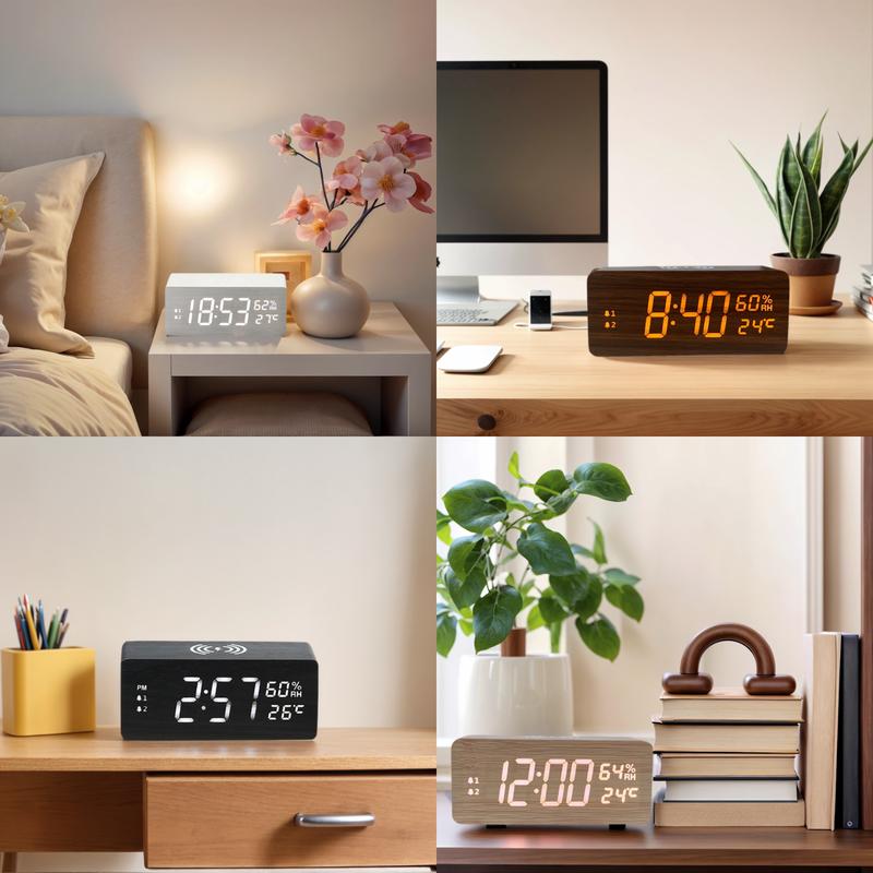 DARAUME Wooden Digital Alarm Clock  Alarm Clock with Qi 15W Wireless Charging Pad  Brightness Adjuster and Alarm Volume Adjuster  Snooze Function  Dual Alarms with Sound Control Function, Time and Date and Temperature Display for Bedroom, Office and Home