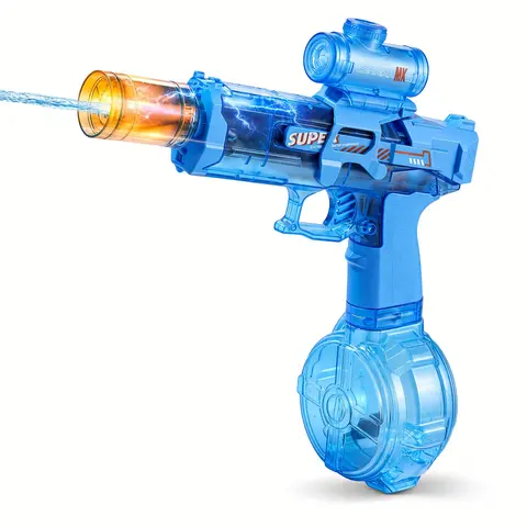 Rechargeable Electric Water Blaster, Automatic Water Spray Toy with Simulated Flame Lights and 340ml Refillable Tank, Transparent Blue Summer Outdoor Toy for Pool Beach and Backyard