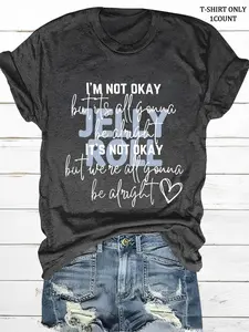 Women's Heart & Letter Print Round Neck Tee, Fashion Casual Crew Neck T-shirt for Daily Holiday Vacation Outdoor Wear, Ladies Clothes for All Seasons