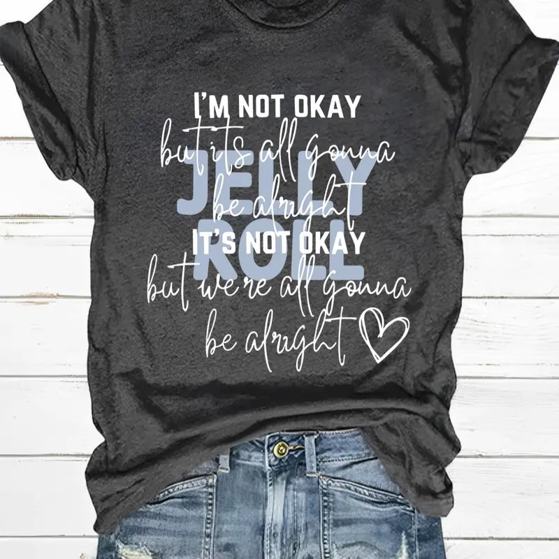 Women's Heart & Letter Print Quote Round Neck Tee, Fashion Casual Crew Neck T-shirt for Daily Holiday Vacation Outdoor Wear, Ladies Clothes for All Seasons